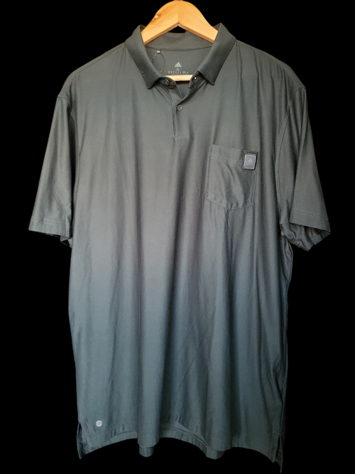 Black designer men's polo shirt with chest pocket on wooden hanger