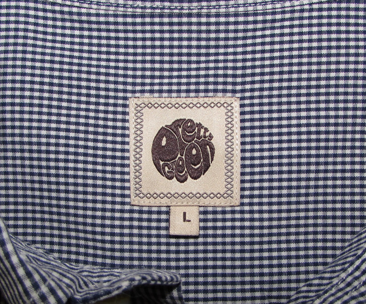 Men's large blue check shirt with designer neck label and patterned stitching detail