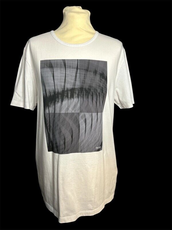 White designer men's T-shirt with abstract black square graphic and short sleeves