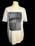 White designer men's T-shirt with abstract black square graphic and short sleeves