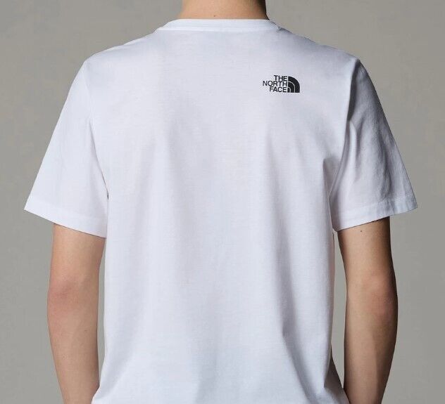 Back view of a white The North Face t-shirt with logo detail, worn by a man