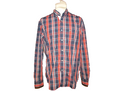 Men's long sleeve button-up red and navy plaid shirt on mannequin