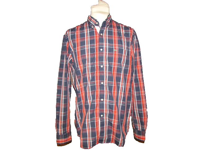 Men's long sleeve button-up red and navy plaid shirt on mannequin