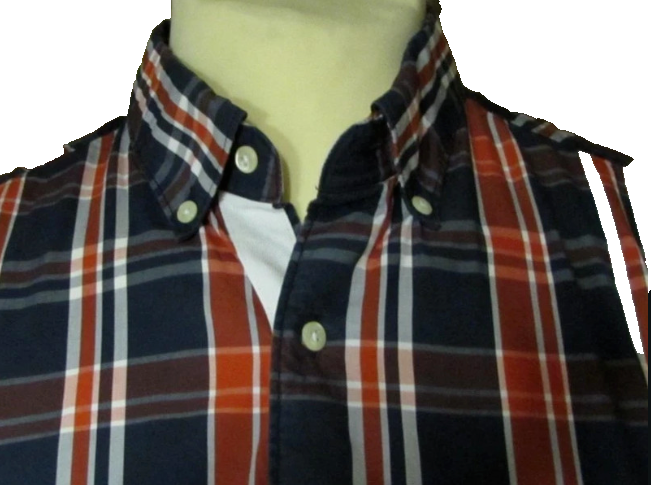 Men's button-down collar shirt with red, white and navy plaid pattern