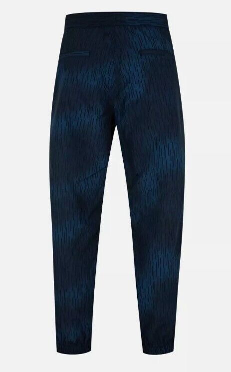 Men's navy blue patterned designer dress pants, back view, luxury menswear