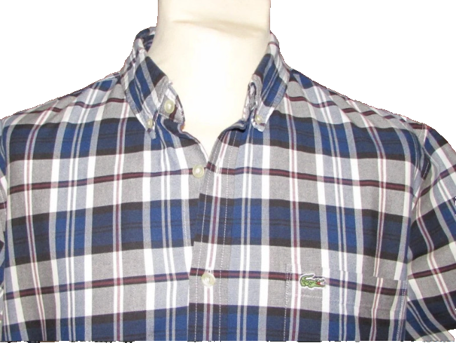 Men's blue and white plaid button-down shirt with embroidered logo on chest