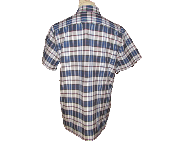 Men's short sleeve blue and white plaid shirt, back view, designer pre-owned fashion