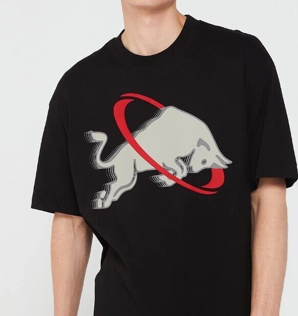 Black t-shirt with graphic bull and red swirl, luxury men's designer streetwear