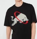 Black t-shirt with graphic bull and red swirl, luxury men's designer streetwear