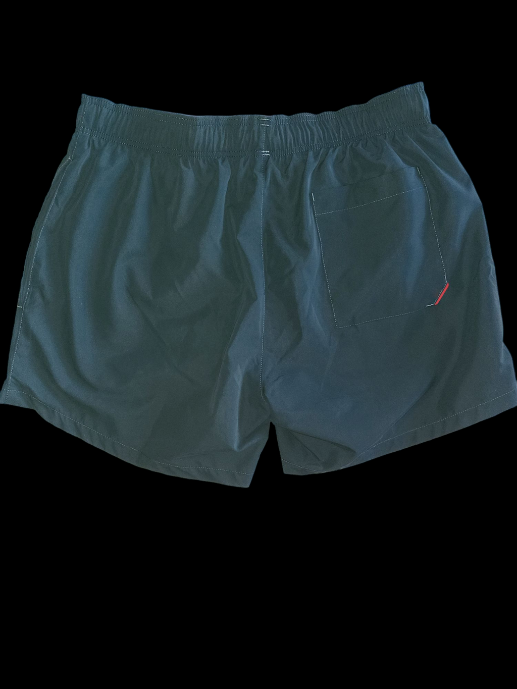 Men's black designer swim shorts with elastic waistband and back pocket, laid flat