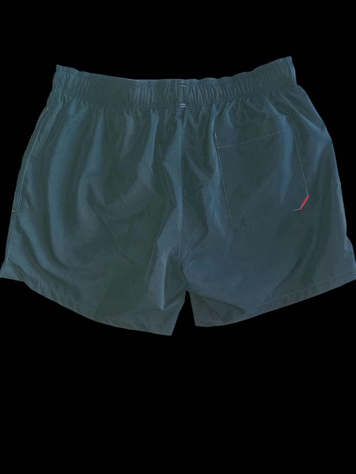 Men's black designer swim shorts with elastic waistband and back pocket, laid flat
