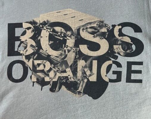 Grey designer t-shirt with BOSS ORANGE text and vintage engine graphic print for men