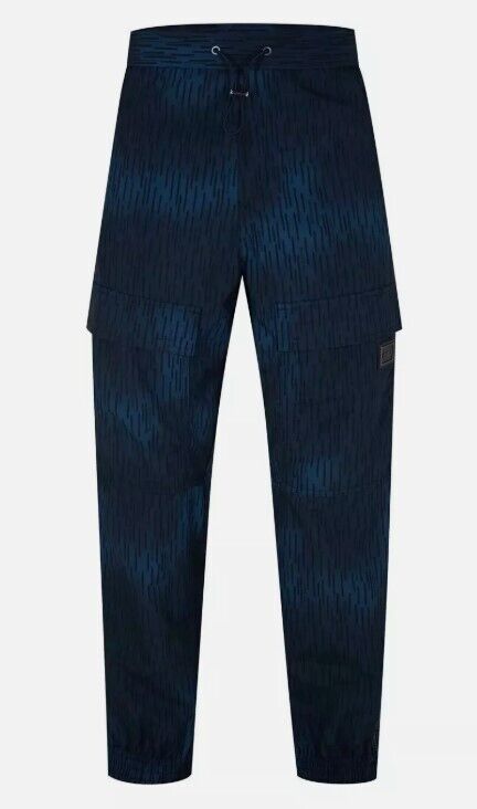 Men's navy blue designer cargo joggers with drawstring waist and subtle patterned finish