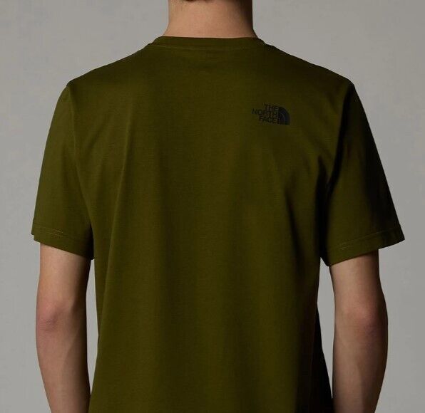 Back view olive green men's T-shirt with small black chest logo, casual designer clothing