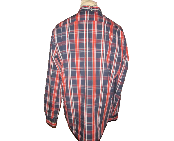 Men's long sleeve red and navy plaid shirt displayed on mannequin, back view