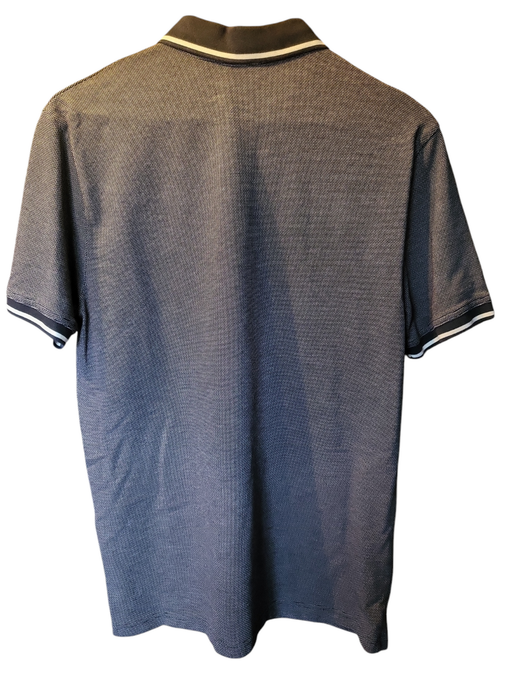 Back view of a short sleeve men's polo shirt with textured grey fabric and striped collar