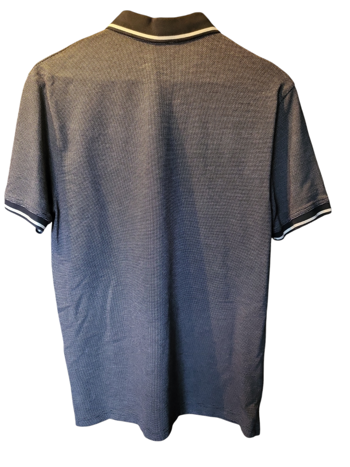 Back view of a short sleeve men's polo shirt with textured grey fabric and striped collar