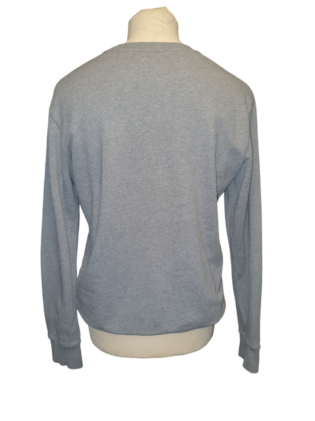 Back view of a grey crew neck long sleeve sweatshirt for men on mannequin