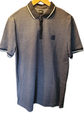 Designer men's navy short sleeve polo shirt with textured pattern and contrast collar