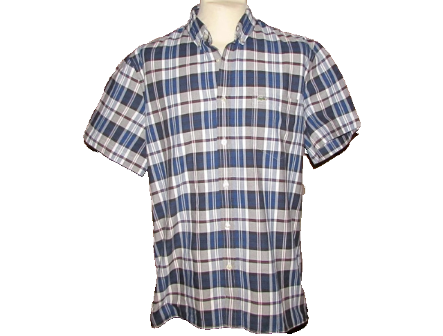 Men's short sleeve blue and white plaid button-down shirt on mannequin