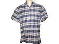 Men's short sleeve blue and white plaid button-down shirt on mannequin