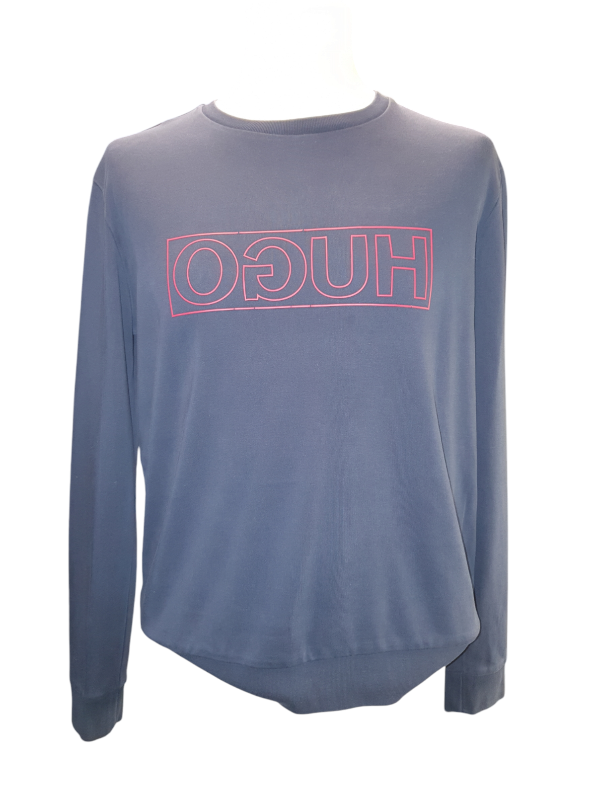 Navy long sleeve designer sweatshirt with red outlined logo print, men's luxury fashion top