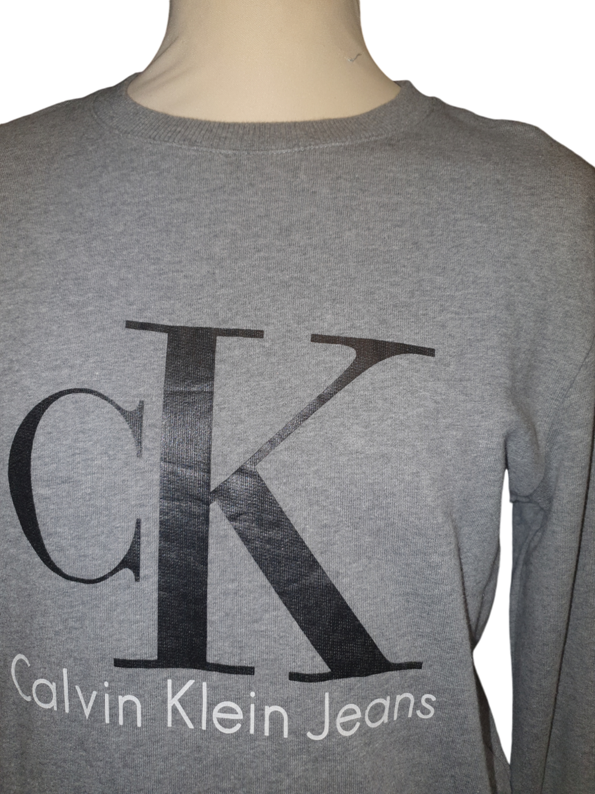 Grey Calvin Klein Jeans logo sweatshirt for men on mannequin, luxury designer clothing