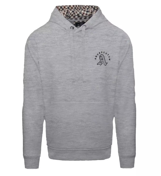 Gentlemens Resale grey Aquascutum pullover hoodie featuring a signature check hood lining and embroidered chest logo